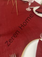 Zeren Home Keten Görünümlü Simli Dertsiz Masa Örtüsü Linen Kırmızı 25 Parça