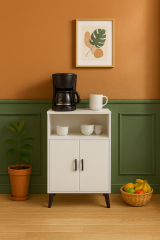 Mini Kahve Köşesi Beyaz- 2 Kapaklı Yüksek Ayaklı Raflı Çok Amaçlı Dolap | Banyo Kiler Mutfak Dolabı