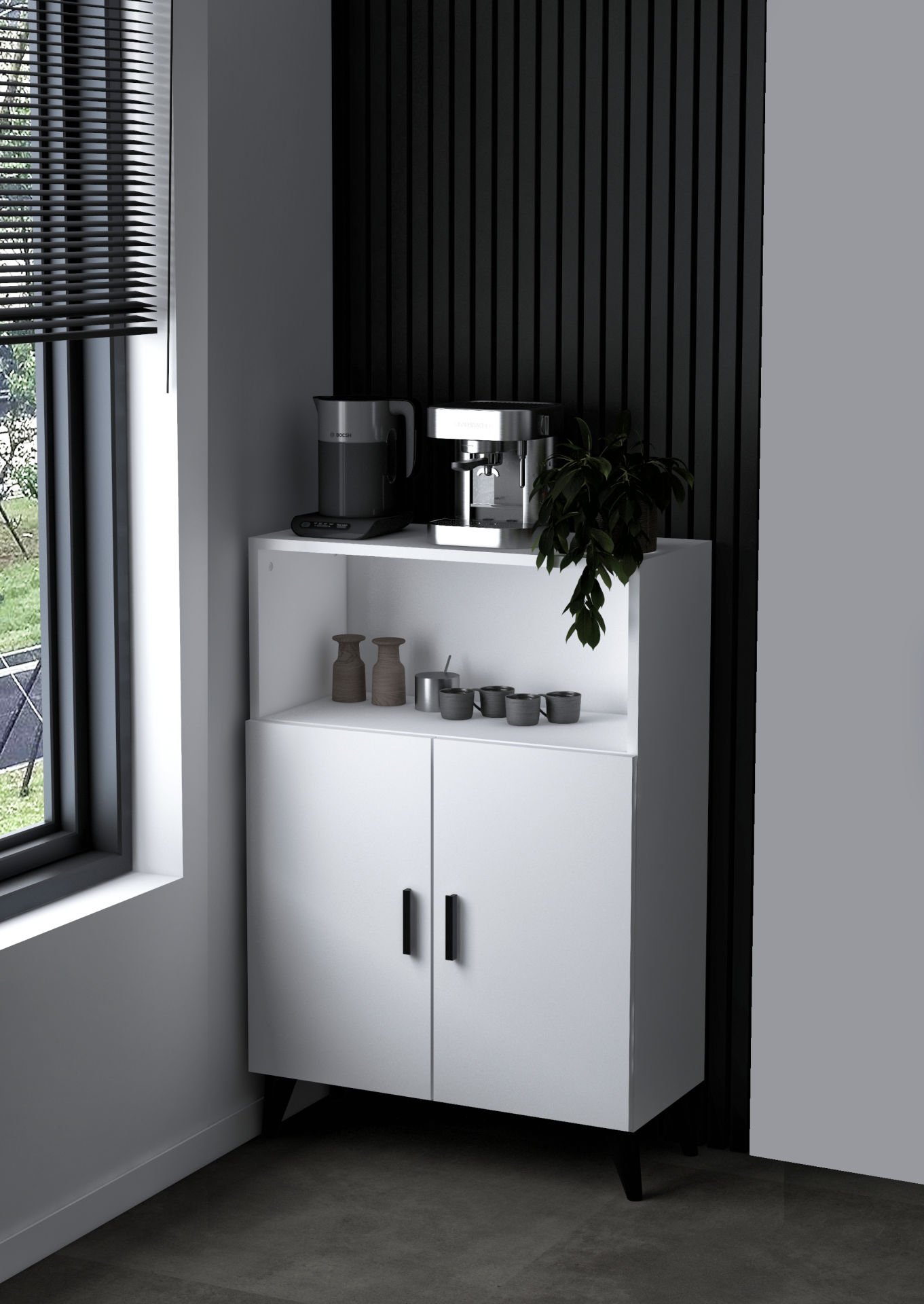 Mini Kahve Köşesi Beyaz- 2 Kapaklı Yüksek Ayaklı Raflı Çok Amaçlı Dolap | Banyo Kiler Mutfak Dolabı