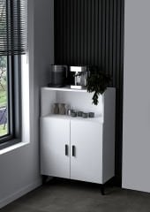 Mini Kahve Köşesi Beyaz- 2 Kapaklı Yüksek Ayaklı Raflı Çok Amaçlı Dolap | Banyo Kiler Mutfak Dolabı