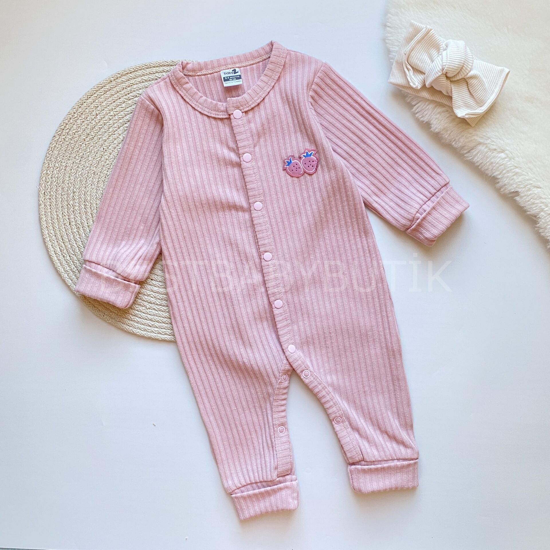 BABYZ ÇİLEK DETAYLI TATLI PEMBE FİTİLLİ YUMOŞ TULUM