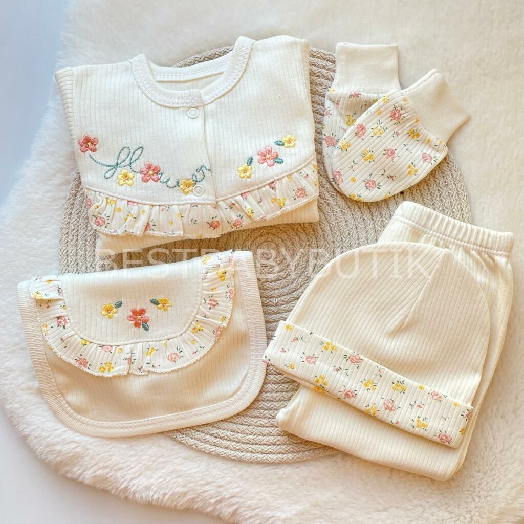 FLOWERS ÇITIR ÇİÇEK DETAYLI ORGANİK FİTİLLİ 5 PARÇA HASTANE ÇIKIŞI SETİ
