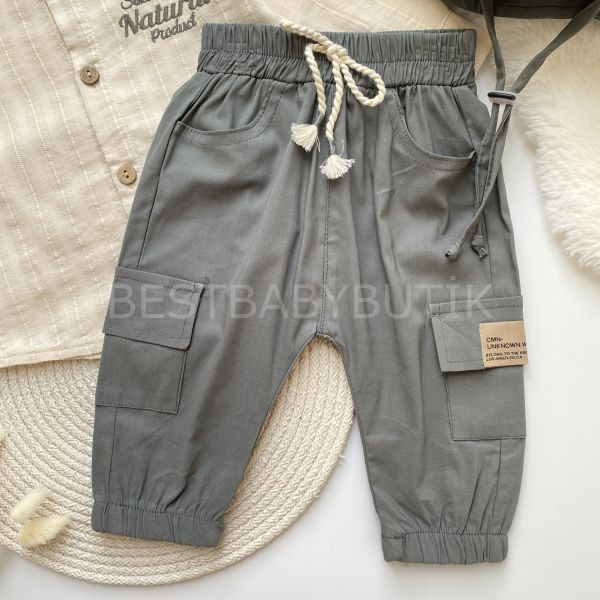 NATUREL ŞAPKA DETAYLI KARGO PANTOLONLU 3’LÜ TAKIM