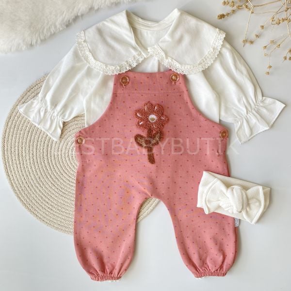 PAPATYA PANÇ İŞLEMELİ BÜYÜK BEBE YAKA BENEKLİ 2’Lİ SALOPET TAKIMI