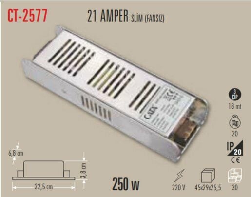 Cata 21A Şerit Led Trafosu (250W) Slim Model