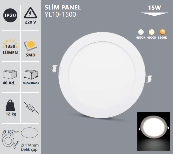 Noas 15W Sıva Altı Yuvarlak Slim Led Panel 6500K YL10-1500