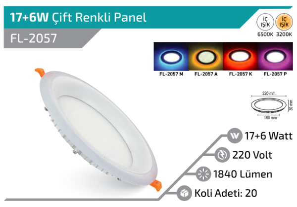 Forlife 17+6 Watt Çift Renkli 6500K+PEMBE Sıva Altı Yuvarlak Led Panel