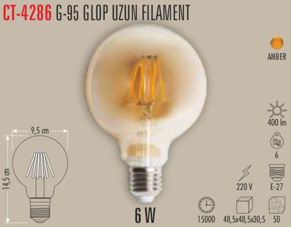 Cata 6w Rustik G95 Glop Led Ampul Amber CT-4286