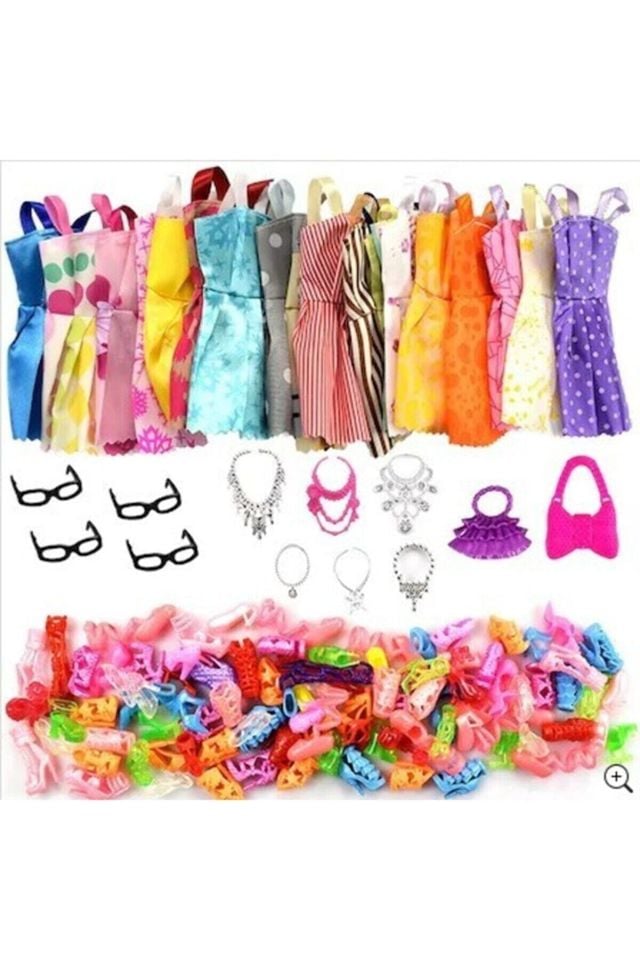 Frozen-barbie- Cindy Için Uyumlu  Aksesuar Kıyafet Ayakkabı Seti  32 Parça-10 elbiseli