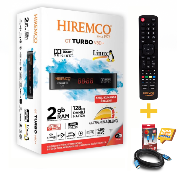 Hiremco GT Turbo V8D+ Uydu Alıcısı - 4K Kablo ve Kumanda