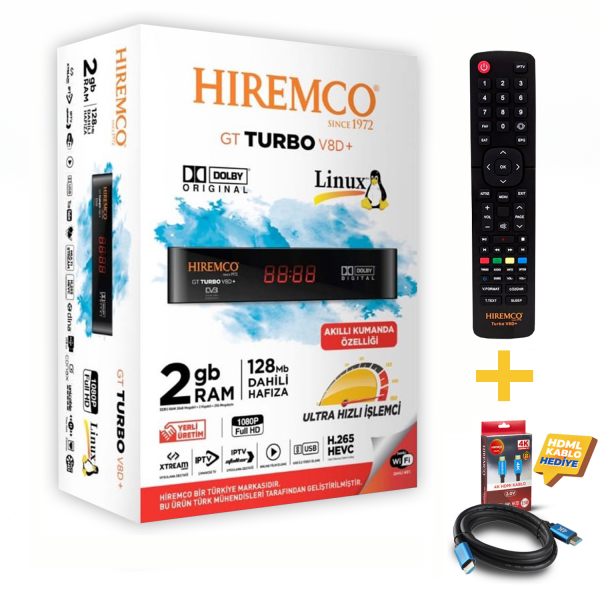 Hiremco GT Turbo V8D+ Uydu Alıcısı - 4K Kablo ve Kumanda