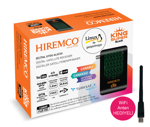 Hiremco Süper King HD Black Uydu Alıcısı + WiFi Antenli