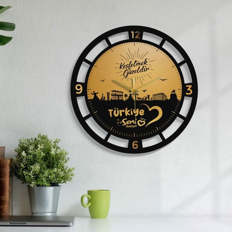 Türkiye Temalı Altın Yaldız Duvar Saati