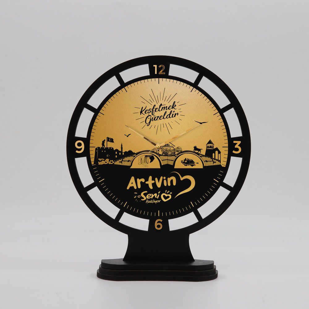 Artvin Temalı Dekoratif Altın Yaldız Masa Saati