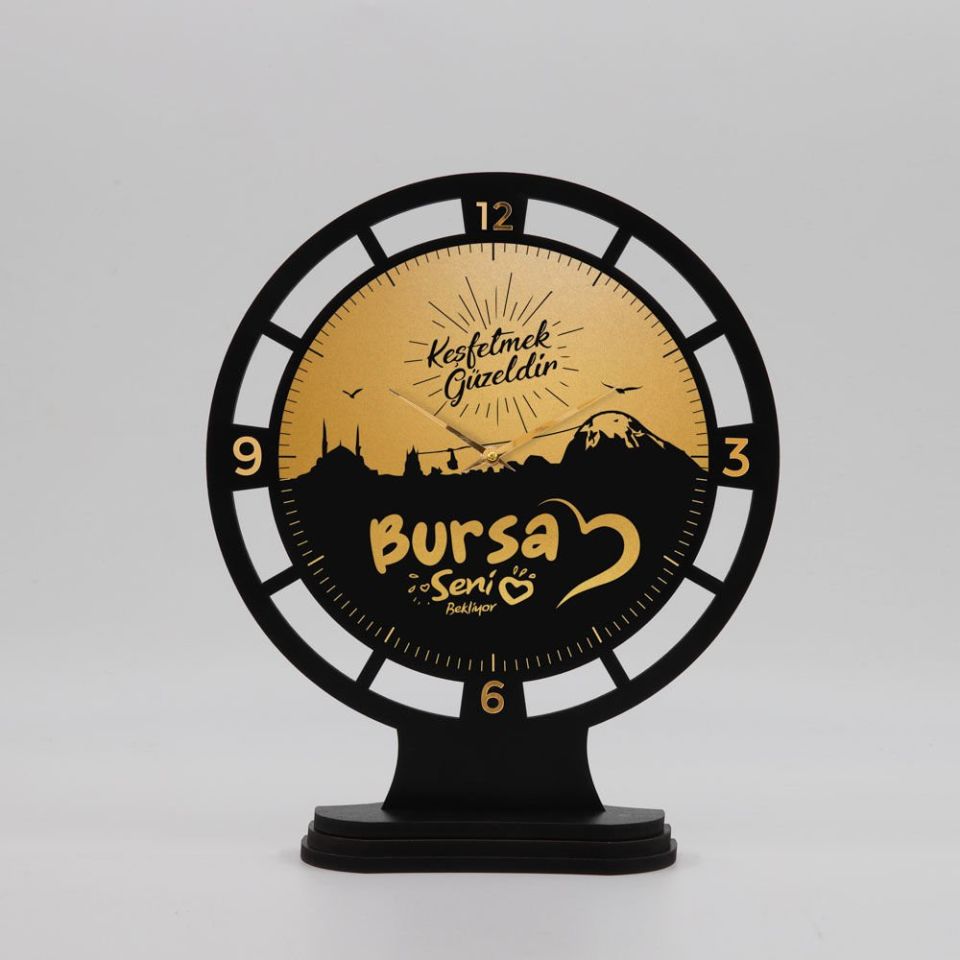 Bursa Temalı Dekoratif Altın Yaldız Masa Saati