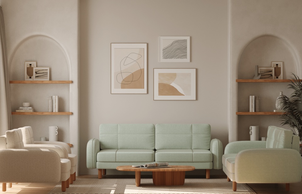 3x3x1x1 Takım - Dikişli - Makro Kadife - Işık Beyazı - Fulya Kadife - Adaçayı Yeşili Post Modern Kol