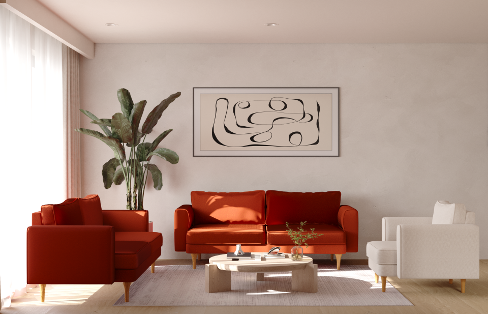 3x3x1 Takım - Fitilli - Desenli Kadife - Aslan Turuncusu - Zambak Beyazı - İskandinav  Kol