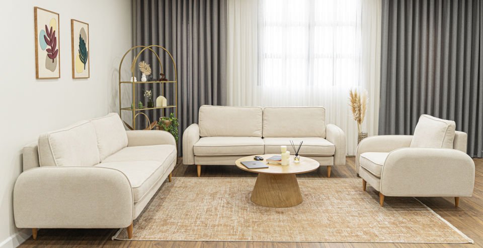 3x2x1 Takım - Fitilli - Makro Kadife - Işık Beyazı - Post Modern Kol