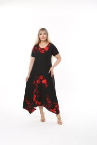 Kırmızı Çiçek Desenli Siyah Asimetrik Diki Kısa Kollu Elbise