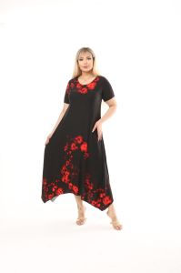 Kırmızı Çiçek Desenli Siyah Asimetrik Diki Kısa Kollu Elbise