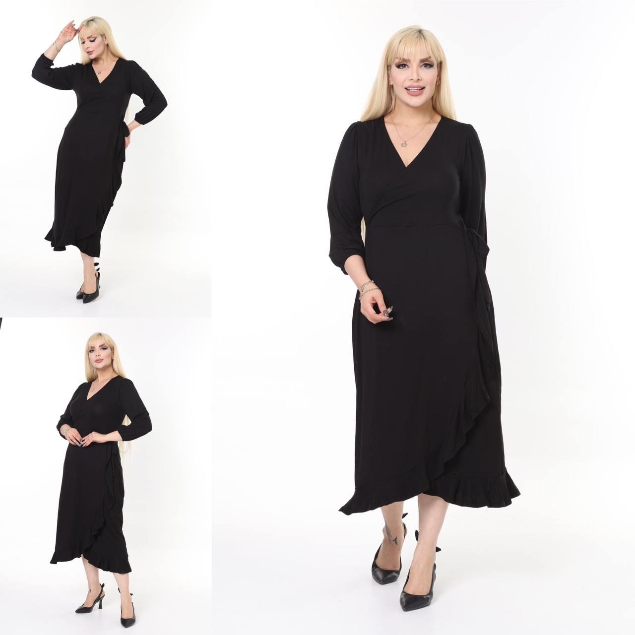Polixim Siyah Fırfırlı Uzun Kollu Kadın Midi Elbise