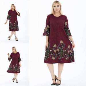 Polixim Büyük Beden Volan Kol Çiçek Desen Krep Midi Elbise