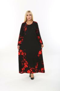 Polixim Büyük Beden Kırmızı Çiçek Desenli Uzun Kollu Cepli Yünlü Uzun Elbise