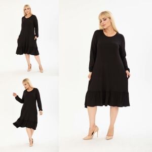 Polixim Büyük Beden Siyah Fırfırlı Uzun Kollu Kadın Midi Elbise