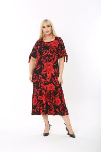 Kırmızı Siyah Çiçek Desenli Kare Yaka Kısa Kollu Elbise