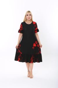 Kırmızı Siyah Çiçek Mofitli Gizli Cepli Kısa Kollu Elbise