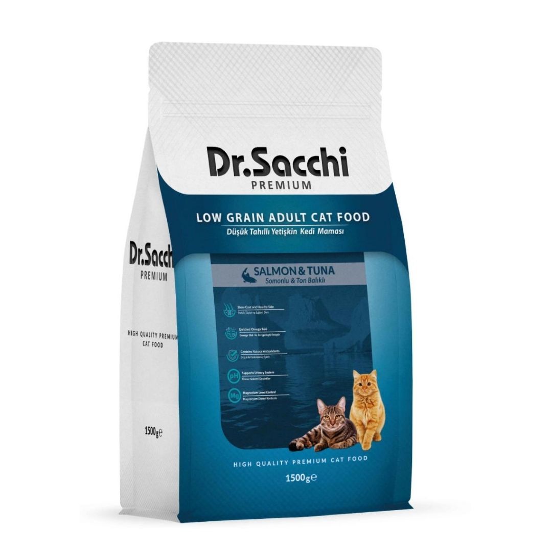 Dr.Sacchi Premium Düşük Tahıllı Somonlu ve Ton Balıklı Kedi Maması 1,5 Kg