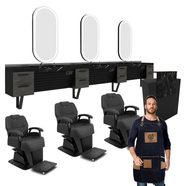 3'lü Wesley Berber Tezgahı + 3 Adet Hercule Black + Milla Desk + 3 Adet Penuar