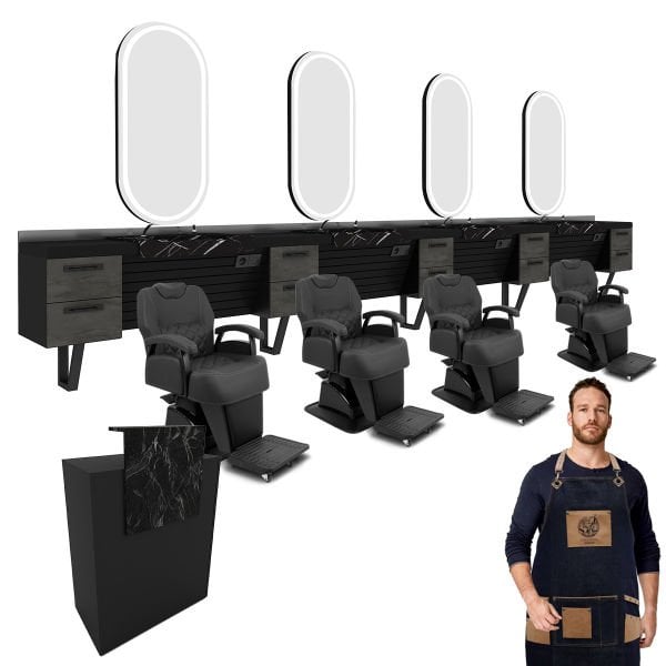 4'lü Wesley Berber Tezgahı + 4 Adet Hercule Black + Milla Desk + 4 Adet Penuar