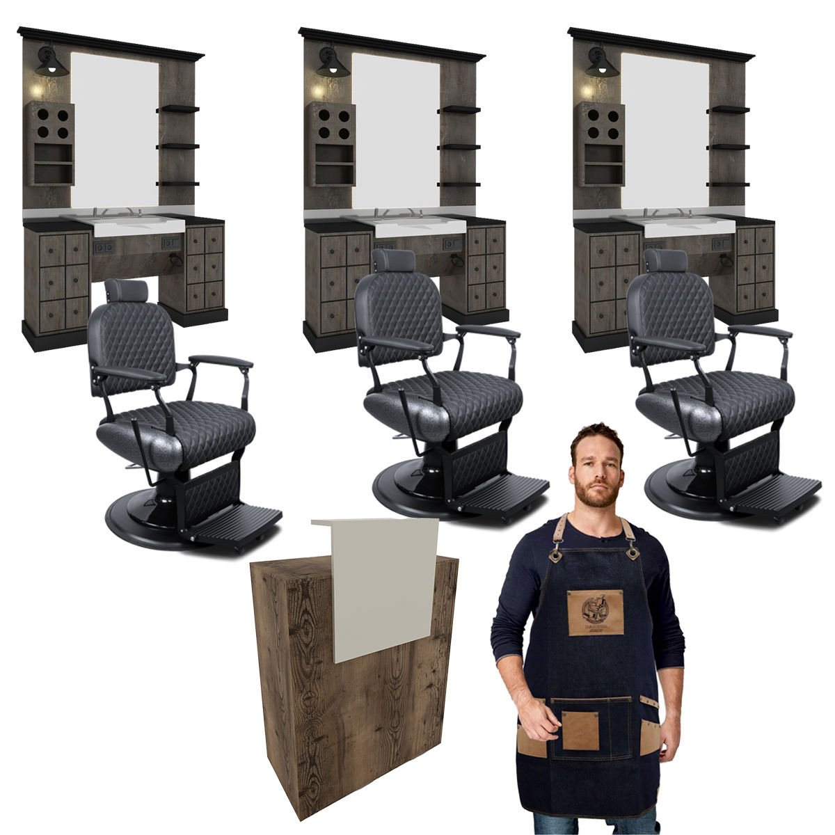 3'lü Falcon Berber Tezgahı + 3 Adet Leo Black + Milla Desk + 3 Adet Penuar