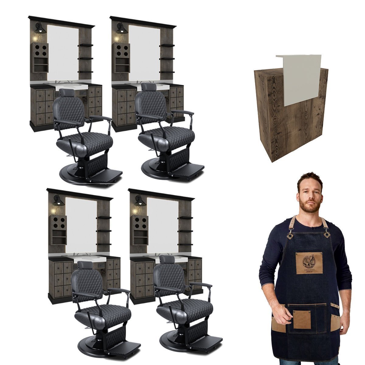4'lü Falcon Berber Tezgahı + 4 Adet Leo Black + Milla Desk + 4 Adet Penuar