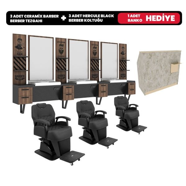 3'lü Ceramix Barber + 3 Adet Hercule Black Berber Koltuğu + Banko Hediye