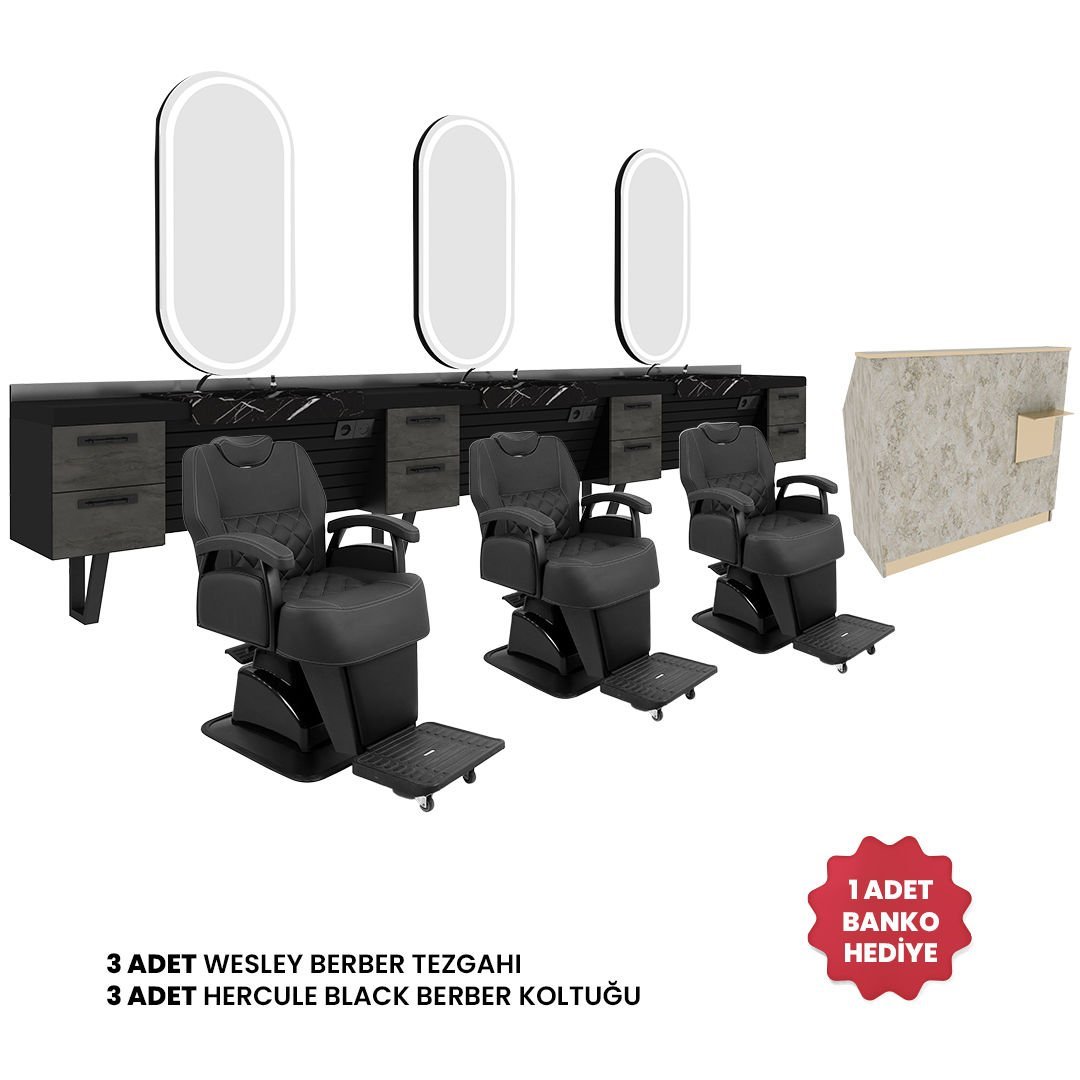 3'lü Wesley  + 3 Adet Hercule Black Berber Koltuğu + Banko Hediye