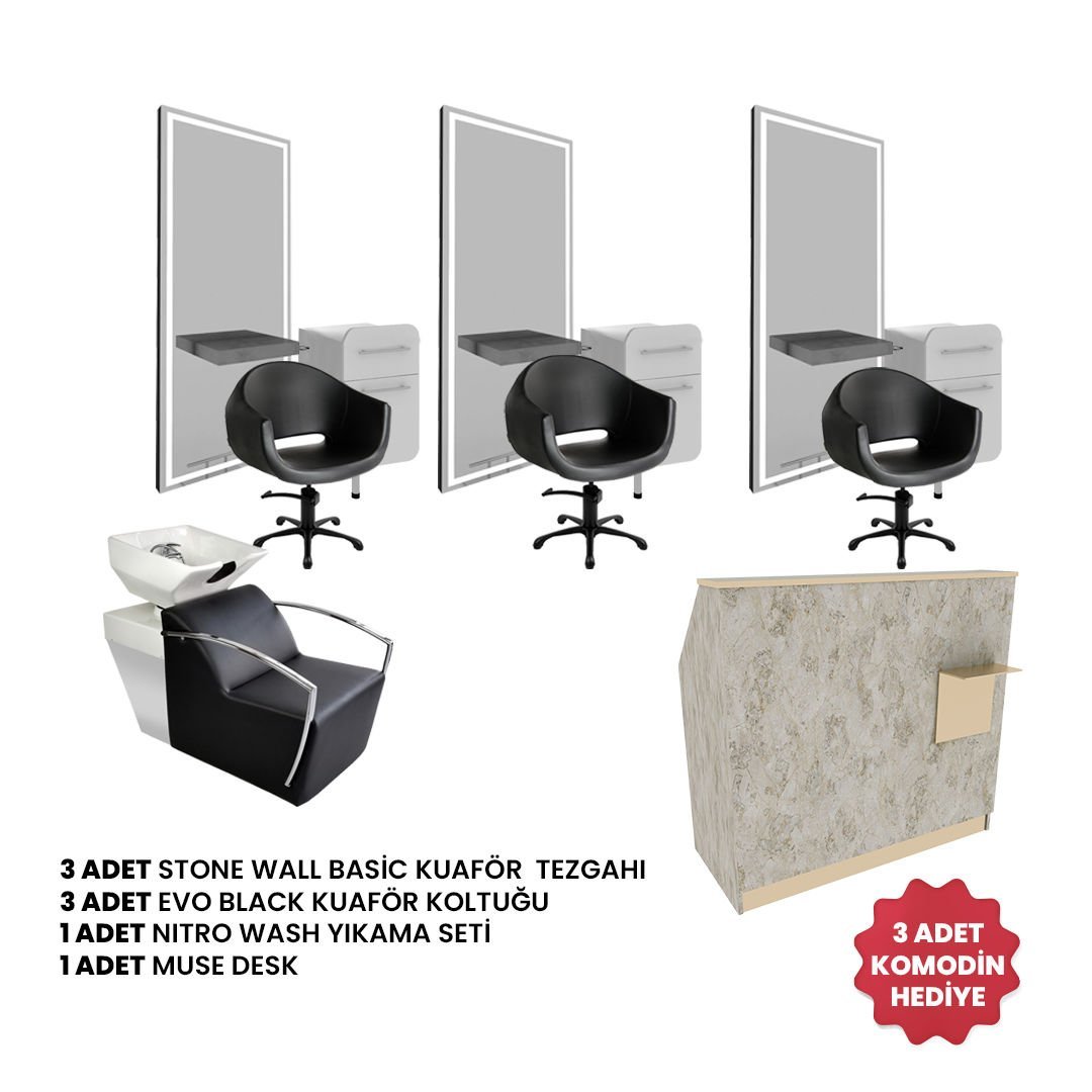 3 Adet Stone Wall Basic + 3 Adet Evo Black + 1 Adet Nitro Wash + 1 Adet Muse Desk + 3 Adet  Komodin Hediye