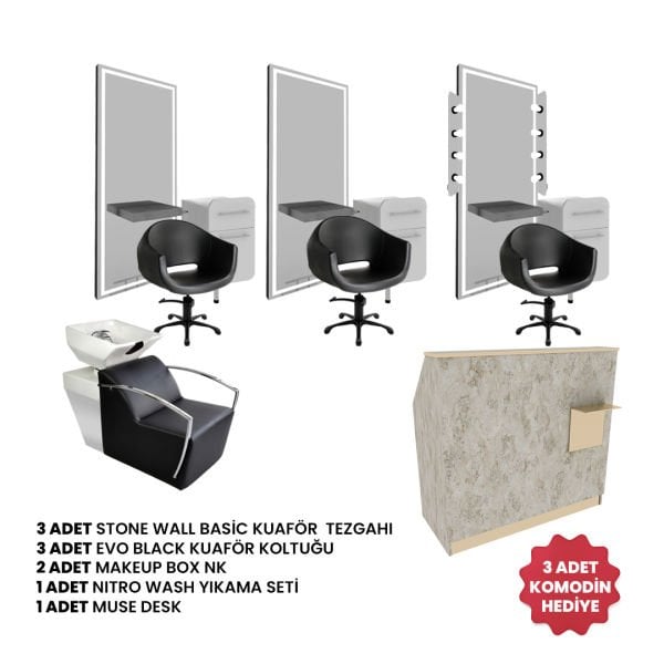 3 Adet Stone Wall Basic + 3 Adet Evo Black + 1 Adet Nitro Wash + 1 Adet Muse Desk + 3 Adet  Komodin Hediye(Kopya)