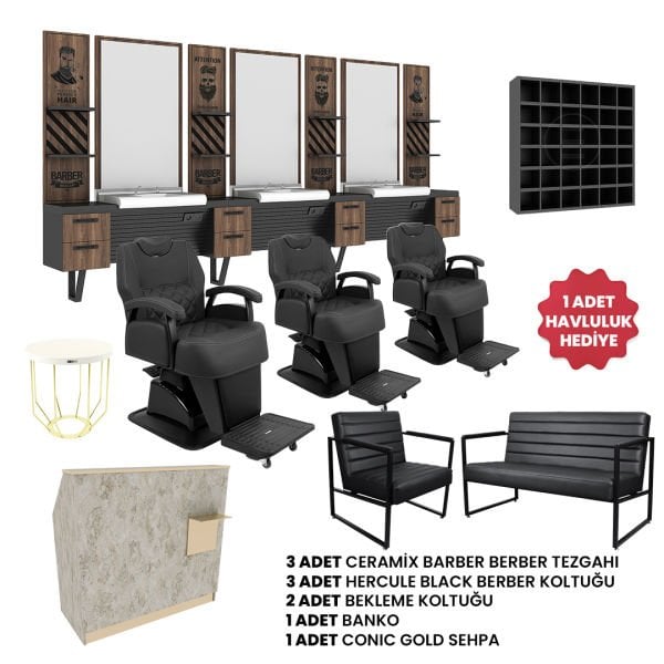 3'lü Ceramix Barber + 3 Adet Hercule Black Berber Koltuğu + Banko + 2 Adet Bekleme Koltuğu + Sehpa + Havluluk Hediye
