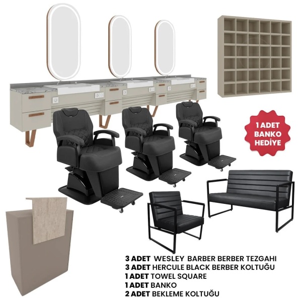 3'lü Wesley  + 3 Adet Hercule Black Berber Koltuğu + 2 Adet Bekleme Koltuğu +  Banko Hediye