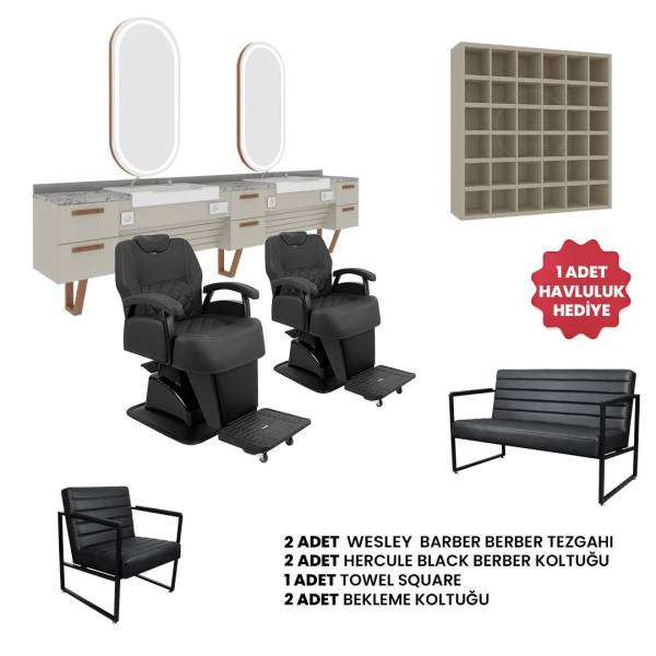 2'li Wesley  + 2 Adet Hercule Black Berber Koltuğu + 2 Adet Bekleme Koltuğu + Sehpa + Havluluk Hediye
