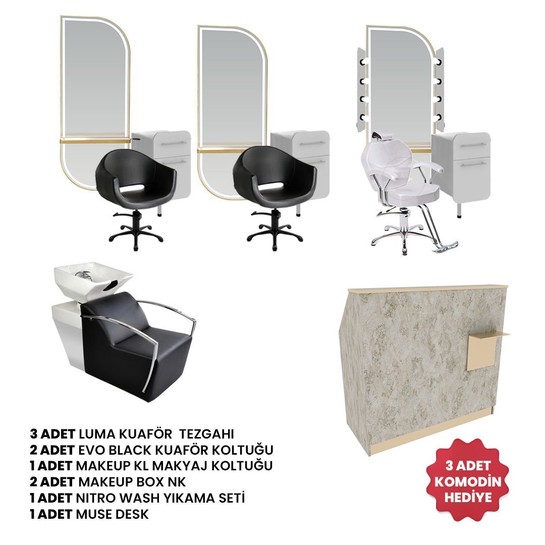 3 Adet Luma + 2 Adet Evo Black + 1 Adet Makeup + 1 Adet Nitro Wash + 1 Adet Muse Desk + 2 Adet Make Up Box St + 3 Adet  Komodin Hediye