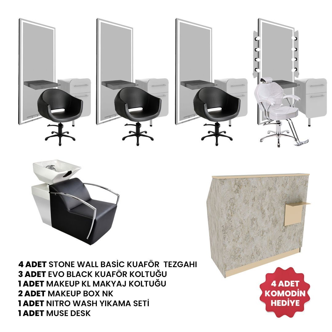 4 Adet Stone Wall Basic + 3 Adet Evo Black + 1 Adet Makeup + 1 Adet Nitro Wash + 1 Adet Muse Desk + 2 Adet Make Up Box St    + 4 Adet  Komodin Hediye