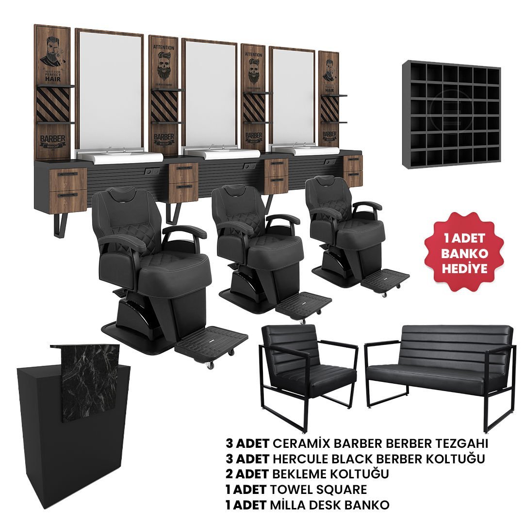 3'lü Ceramix Barber + 3 Adet Hercule Black Berber Koltuğu + 2 Adet Bekleme Koltuğu + 1 Adet Havluluk + Banko Hediye