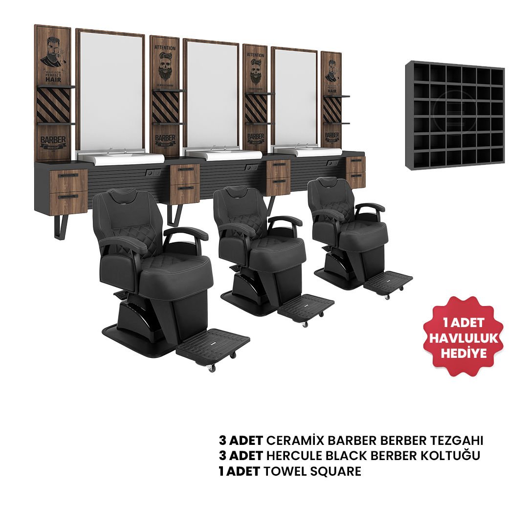 3'lü Ceramix Barber + 3 Adet Hercule Black Berber Koltuğu + 1 Adet Havluluk Hediye