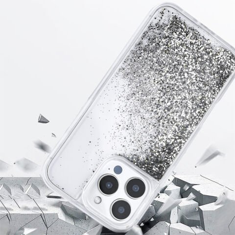 Apple iPhone 16 Pro Max Kılıf Sıvılı Simli Şeffaf Arka Yüzey Patinda Keto Silikon Kapak