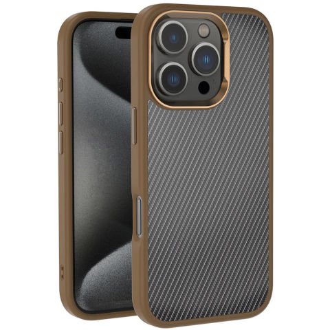 Apple iPhone 16 Pro Max Kılıf Karbon Fiber Görünümlü Parlak Kamera Çerçeveli Venus Kapak