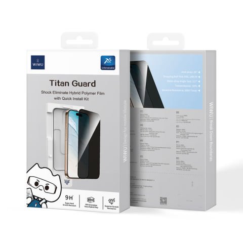 Apple iPhone 15 Wiwu GT-021 Titan Guard Serisi Şok Emici Hibrit Polimer Privacy Ekran Koruyucu Film + Kolay Uygulama Aparatı