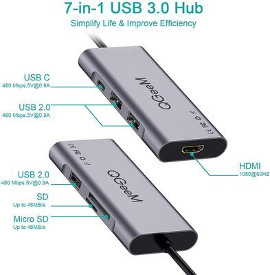 Qgeem QG-UH07-A Type-C Çoğaltıcı ve Dönüştürücü Hub Usb 3.0 HDMI 4K SD Kart 85W 5120Mbps